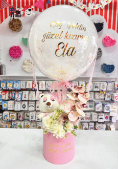 Pembe Ayıcıklı Çıceklı Hosgeldin kutusu