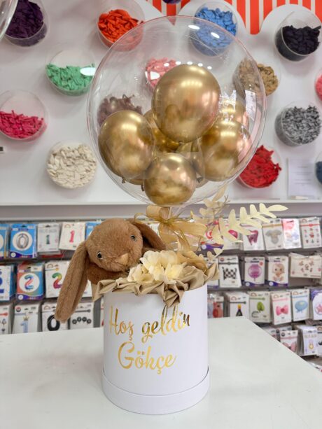 Kişiye Özel Tavşanlı Gold Balon Hoş Geldin Kutusu